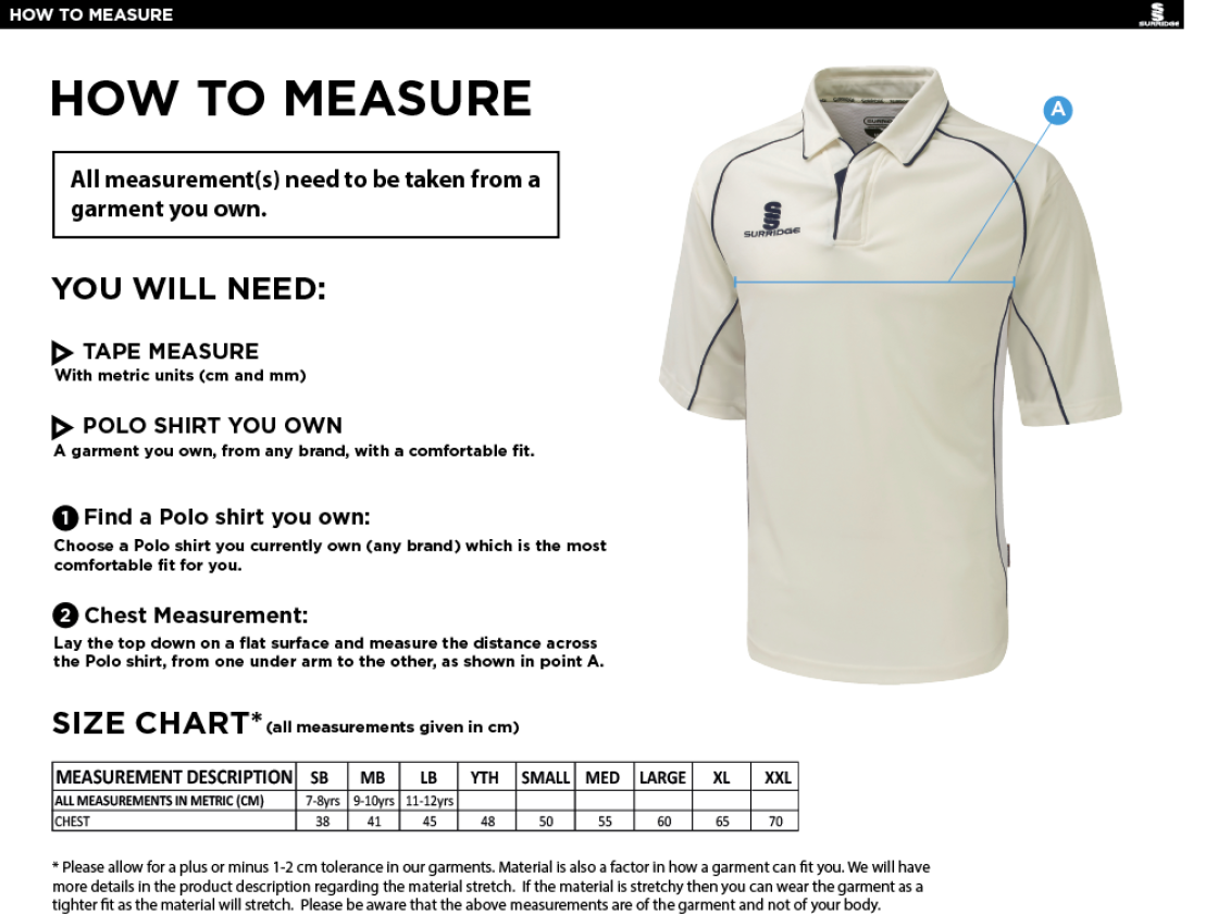 Blindley Heath CC Dual Premier Short Sleeve Shirt - Size Guide