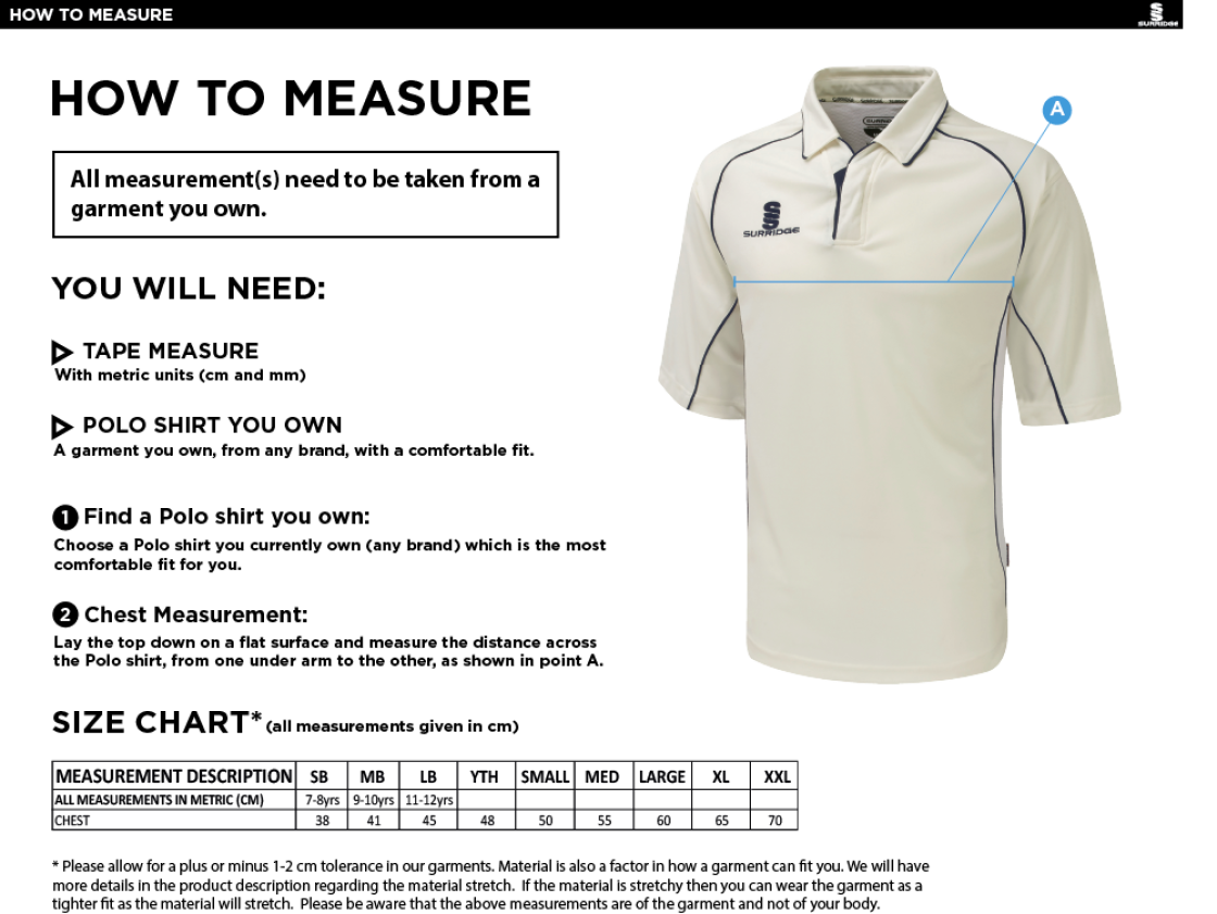 Blindley Heath CC Dual Premier Short Sleeve Shirt - Size Guide