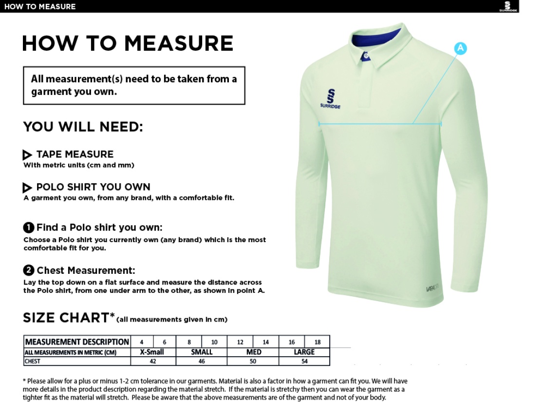 Blindley Heath CC DUAL LONG SLEEVE CRICKET SHIRT (WOMENS)-Ivory - Size Guide