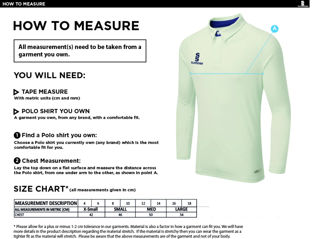 Blindley Heath CC DUAL LONG SLEEVE CRICKET SHIRT (WOMENS)-Ivory - Size Guide